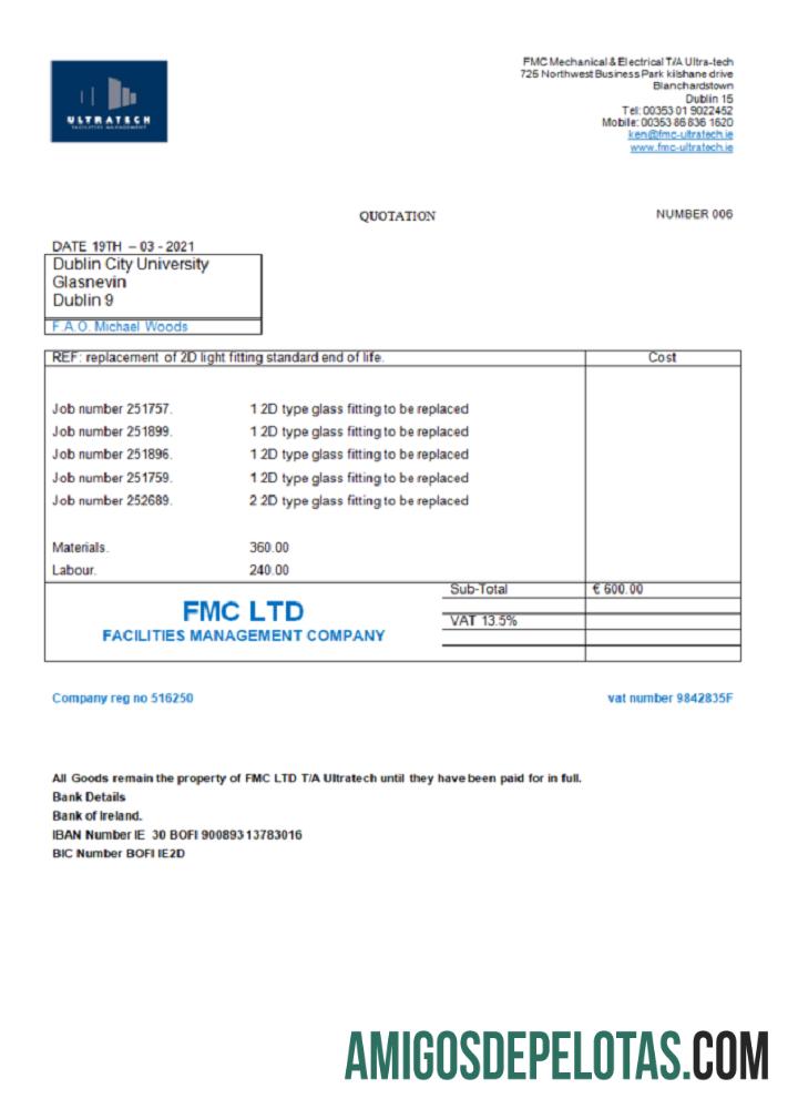 Fatura da Irlanda Ultratech Pvt Ltd amostra